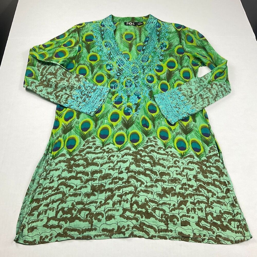 Sol Womens Tunic Top M Green Blue Boho Crochet Trim Peacock Print Ethnic Shirt